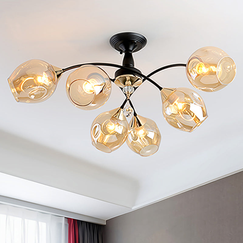 3/6 Lights Bedroom Semi Flush Mount with Cup Shape Amber/Blue Glass Shade Modernist Black Led Semi Flush Ceiling Fixture Clearhalo 'Ceiling Lights' 'Close To Ceiling Lights' 'Close to ceiling' 'Glass shade' 'Glass' 'Pendant Lights' 'Semi-flushmount' Lighting' 1433565