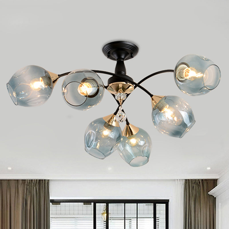 3/6 Lights Bedroom Semi Flush Mount with Cup Shape Amber/Blue Glass Shade Modernist Black Led Semi Flush Ceiling Fixture 6 Blue Clearhalo 'Ceiling Lights' 'Close To Ceiling Lights' 'Close to ceiling' 'Glass shade' 'Glass' 'Pendant Lights' 'Semi-flushmount' Lighting' 1433566