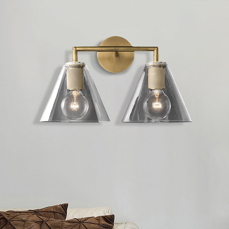 Modern Simple Cone Wall Light Transparent Glass 1/2 Lights Wall Sconce in Black/Brass for Bedside Clearhalo 'Cast Iron' 'Glass' 'Industrial' 'Modern wall lights' 'Modern' 'Tiffany' 'Traditional wall lights' 'Vanity Lights' 'Wall Lights' Lighting' 1433681