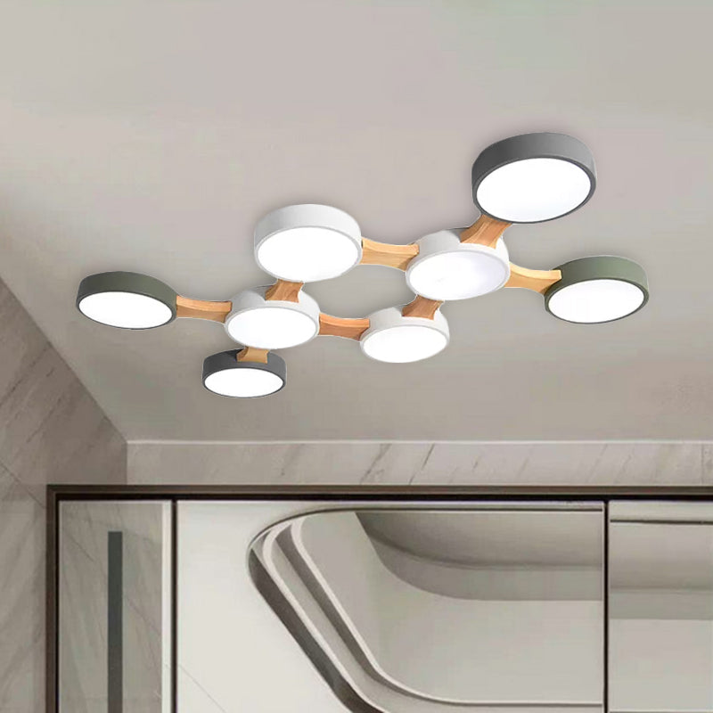 Wood and Metal Round Flush Ceiling Light Nordic 3/4/5 Lights Grey Ceiling Flush for Bedroom in Warm/White Clearhalo 'Ceiling Lights' 'Close To Ceiling Lights' 'Close to ceiling' 'Flush mount' Lighting' 1433700