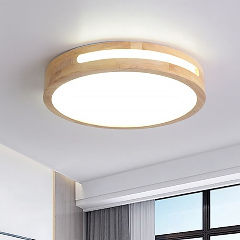 Nordic LED Flush Ceiling Light with Acrylic Diffuser Natural Wood Drum Ceiling Lamp in Warm/White, 12"/16"/19.5" Dia Clearhalo 'Ceiling Lights' 'Close To Ceiling Lights' 'Close to ceiling' 'Flush mount' Lighting' 1433705