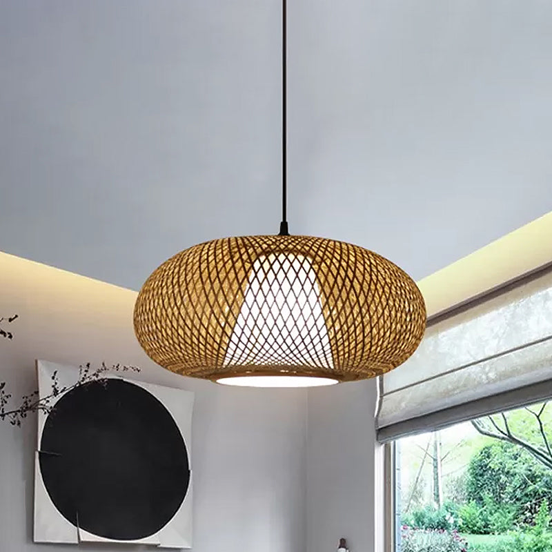 Curved Drum Pendant Lighting Tradition Bamboo 1 Bulb 12"/14"/16" Wide Wood Hanging Lamp Kit Clearhalo 'Ceiling Lights' 'Modern Pendants' 'Modern' 'Pendant Lights' 'Pendants' Lighting' 1433731