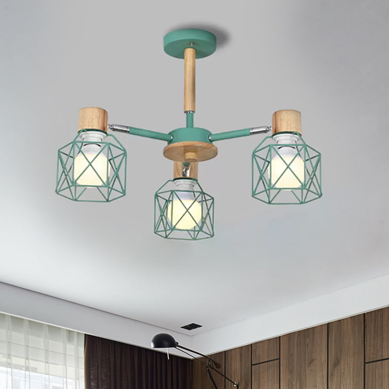 Cage Semi Flush Lamp Nordic Iron 3/6/8-Head Black/Green/Gold Ceiling Drop Pendant Lighting Clearhalo 'Ceiling Lights' 'Close To Ceiling Lights' 'Close to ceiling' 'Semi-flushmount' Lighting' 1433732