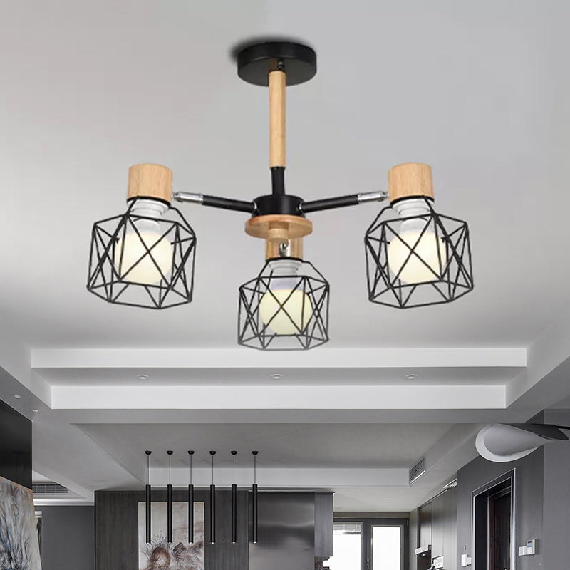 Cage Semi Flush Lamp Nordic Iron 3/6/8-Head Black/Green/Gold Ceiling Drop Pendant Lighting Clearhalo 'Ceiling Lights' 'Close To Ceiling Lights' 'Close to ceiling' 'Semi-flushmount' Lighting' 1433734