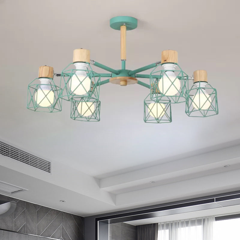 Cage Semi Flush Lamp Nordic Iron 3/6/8-Head Black/Green/Gold Ceiling Drop Pendant Lighting Clearhalo 'Ceiling Lights' 'Close To Ceiling Lights' 'Close to ceiling' 'Semi-flushmount' Lighting' 1433735