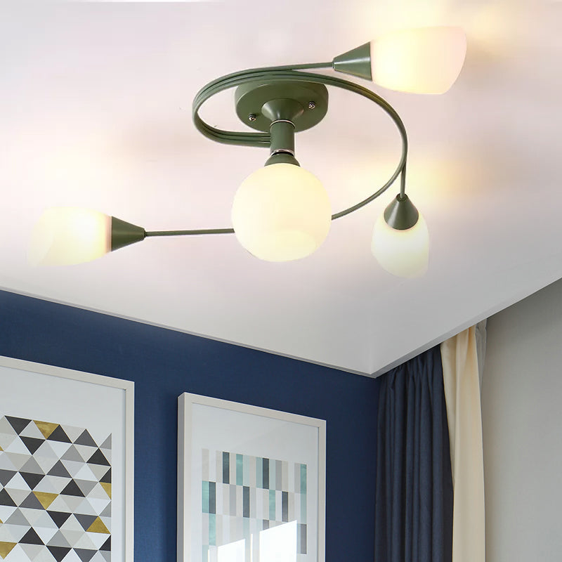Curly Semi Flush Mount Light Nordic Iron 4/6-Head Grey/Pink/Yellow Ceiling Lamp with White Glass Shade Clearhalo 'Ceiling Lights' 'Chandeliers' 'Close To Ceiling Lights' 'Close to ceiling' 'Glass shade' 'Glass' 'Semi-flushmount' Lighting' 1433749