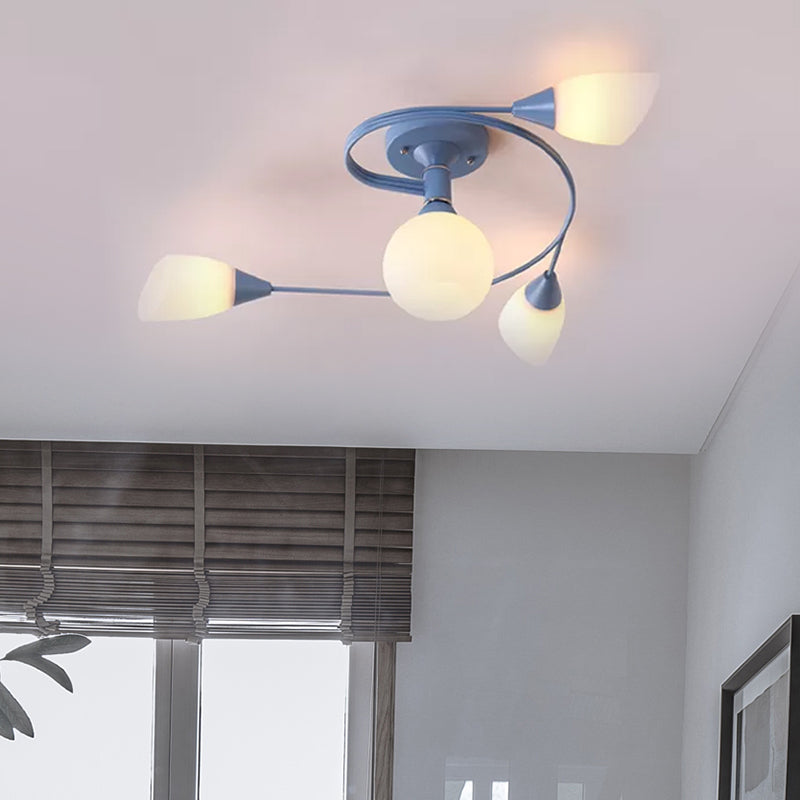 Curly Semi Flush Mount Light Nordic Iron 4/6-Head Grey/Pink/Yellow Ceiling Lamp with White Glass Shade Clearhalo 'Ceiling Lights' 'Chandeliers' 'Close To Ceiling Lights' 'Close to ceiling' 'Glass shade' 'Glass' 'Semi-flushmount' Lighting' 1433750