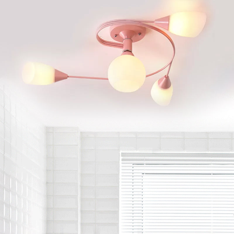 Curly Semi Flush Mount Light Nordic Iron 4/6-Head Grey/Pink/Yellow Ceiling Lamp with White Glass Shade Clearhalo 'Ceiling Lights' 'Chandeliers' 'Close To Ceiling Lights' 'Close to ceiling' 'Glass shade' 'Glass' 'Semi-flushmount' Lighting' 1433751