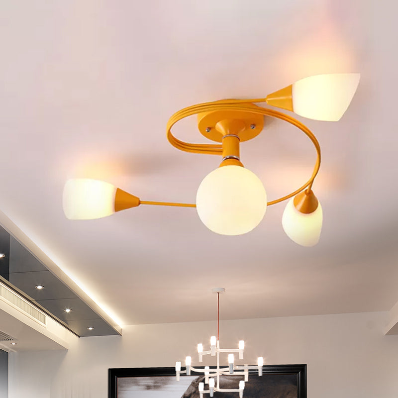 Curly Semi Flush Mount Light Nordic Iron 4/6-Head Grey/Pink/Yellow Ceiling Lamp with White Glass Shade Clearhalo 'Ceiling Lights' 'Chandeliers' 'Close To Ceiling Lights' 'Close to ceiling' 'Glass shade' 'Glass' 'Semi-flushmount' Lighting' 1433753