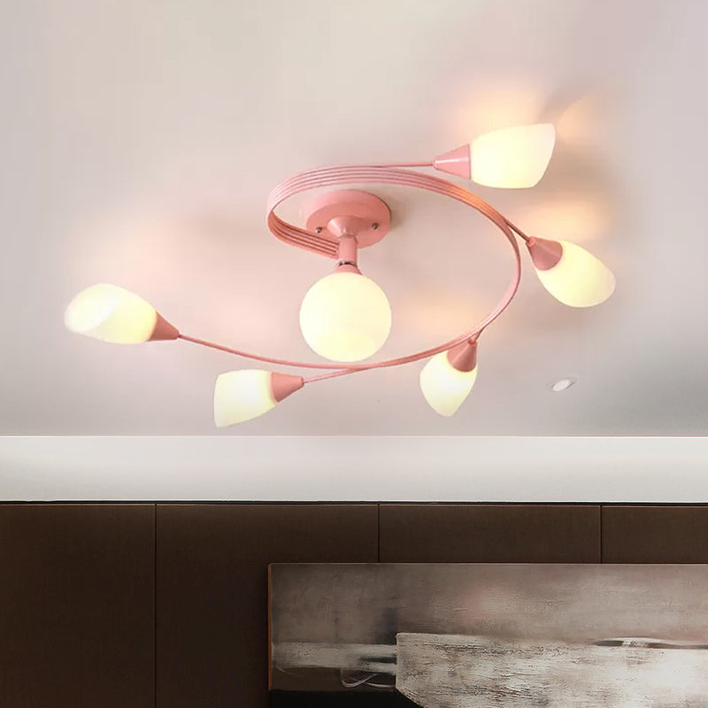 Curly Semi Flush Mount Light Nordic Iron 4/6-Head Grey/Pink/Yellow Ceiling Lamp with White Glass Shade Clearhalo 'Ceiling Lights' 'Chandeliers' 'Close To Ceiling Lights' 'Close to ceiling' 'Glass shade' 'Glass' 'Semi-flushmount' Lighting' 1433756