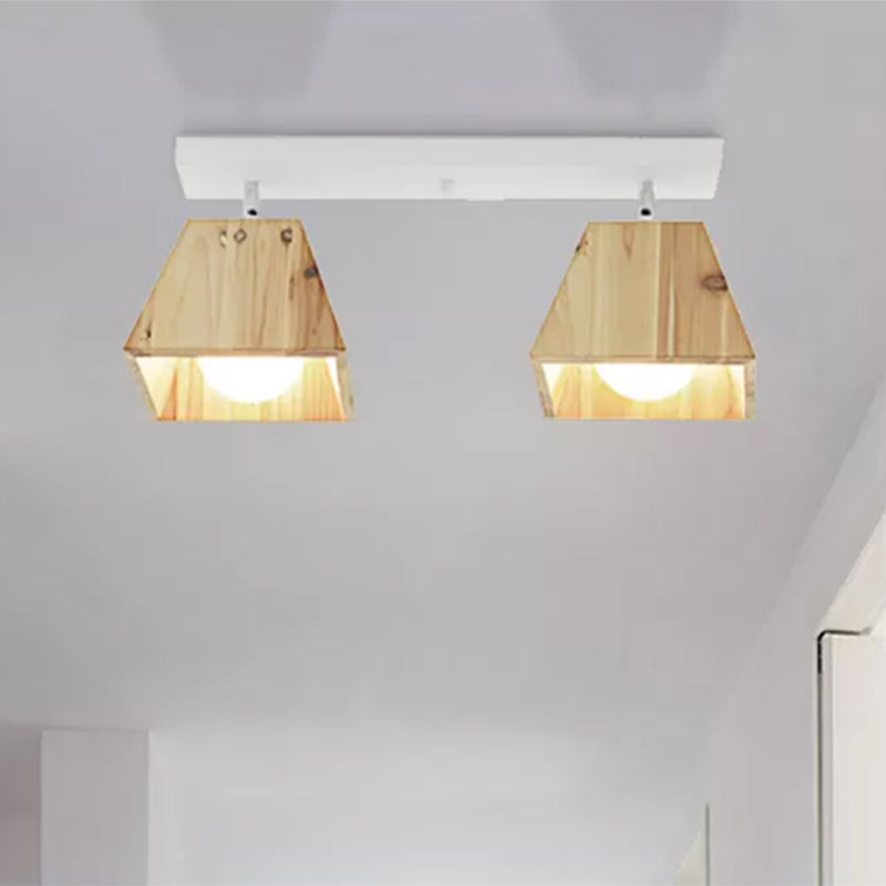 Black/White Linear Semi Flushmount Lamp with Trapezoid Wooden Shade Modern 2/3-Bulb Semi Flush Ceiling Fixture Clearhalo 'Ceiling Lights' 'Close To Ceiling Lights' 'Close to ceiling' 'Semi-flushmount' Lighting' 1433832