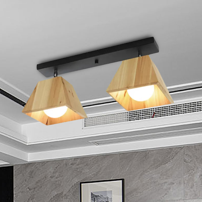 Black/White Linear Semi Flushmount Lamp with Trapezoid Wooden Shade Modern 2/3-Bulb Semi Flush Ceiling Fixture Clearhalo 'Ceiling Lights' 'Close To Ceiling Lights' 'Close to ceiling' 'Semi-flushmount' Lighting' 1433833