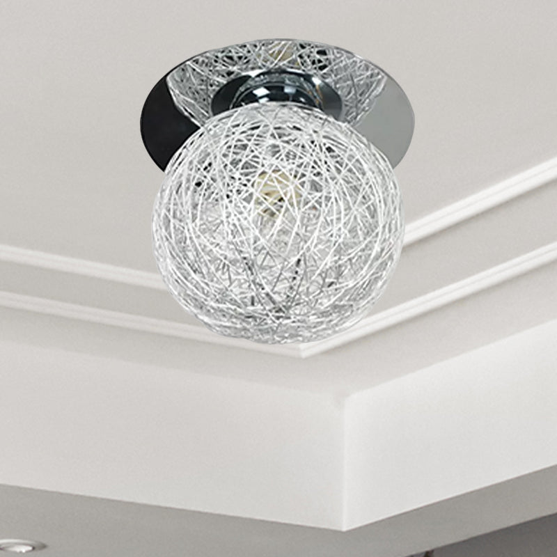 Simple 1 Bulb Flush Lighting with Metal Shade White Handwoven Globe/Leaf Ceiling Mount Lamp Clearhalo 'Ceiling Lights' 'Close To Ceiling Lights' 'Close to ceiling' 'Semi-flushmount' Lighting' 1433911