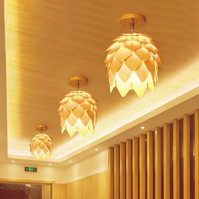 Wooden Square/Trumpet/Pineapple Semi-Flush Ceiling Fixture Contemporary 1 Light Indoor Ceiling Mounted Light Clearhalo 'Ceiling Lights' 'Close To Ceiling Lights' 'Close to ceiling' 'Flush mount' Lighting' 1434024