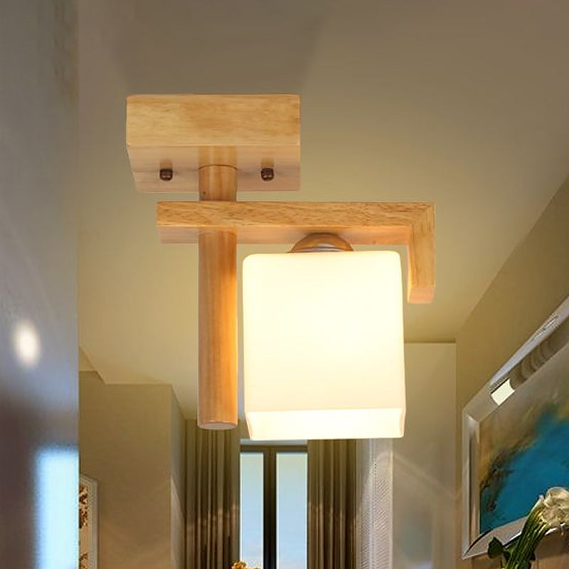 Square Frosted Glass Ceiling Flush Light Contemporary 1 Light Semi Flushmount Lamp in Wood for Staircase Clearhalo 'Ceiling Lights' 'Close To Ceiling Lights' 'Close to ceiling' 'Flush mount' Lighting' 1434030