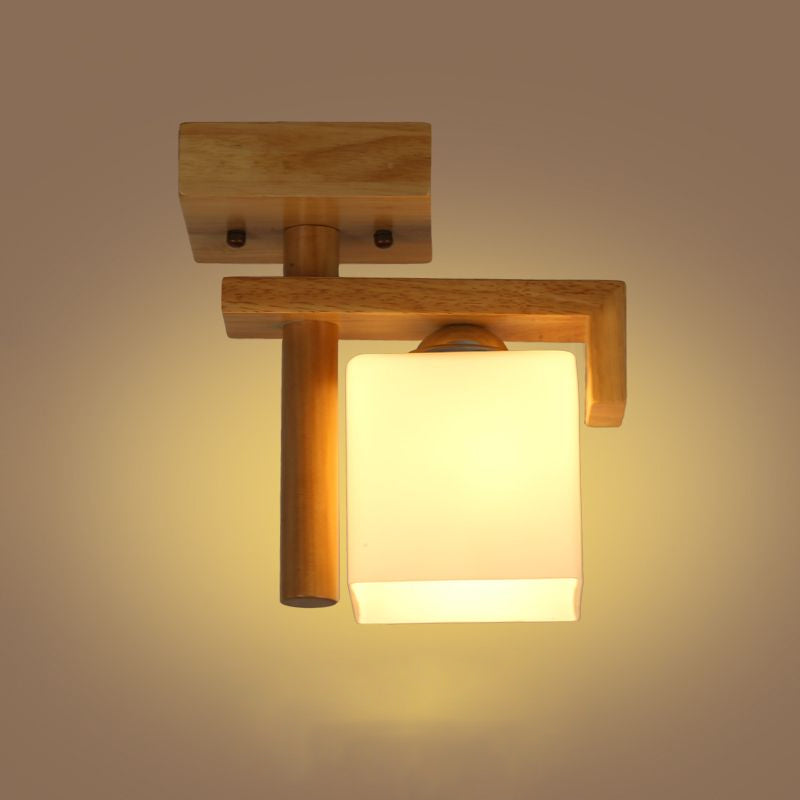 Square Frosted Glass Ceiling Flush Light Contemporary 1 Light Semi Flushmount Lamp in Wood for Staircase Clearhalo 'Ceiling Lights' 'Close To Ceiling Lights' 'Close to ceiling' 'Flush mount' Lighting' 1434031