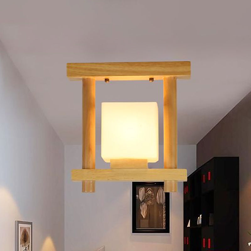 Square Frosted Glass Ceiling Flush Light Contemporary 1 Light Semi Flushmount Lamp in Wood for Staircase Clearhalo 'Ceiling Lights' 'Close To Ceiling Lights' 'Close to ceiling' 'Flush mount' Lighting' 1434032