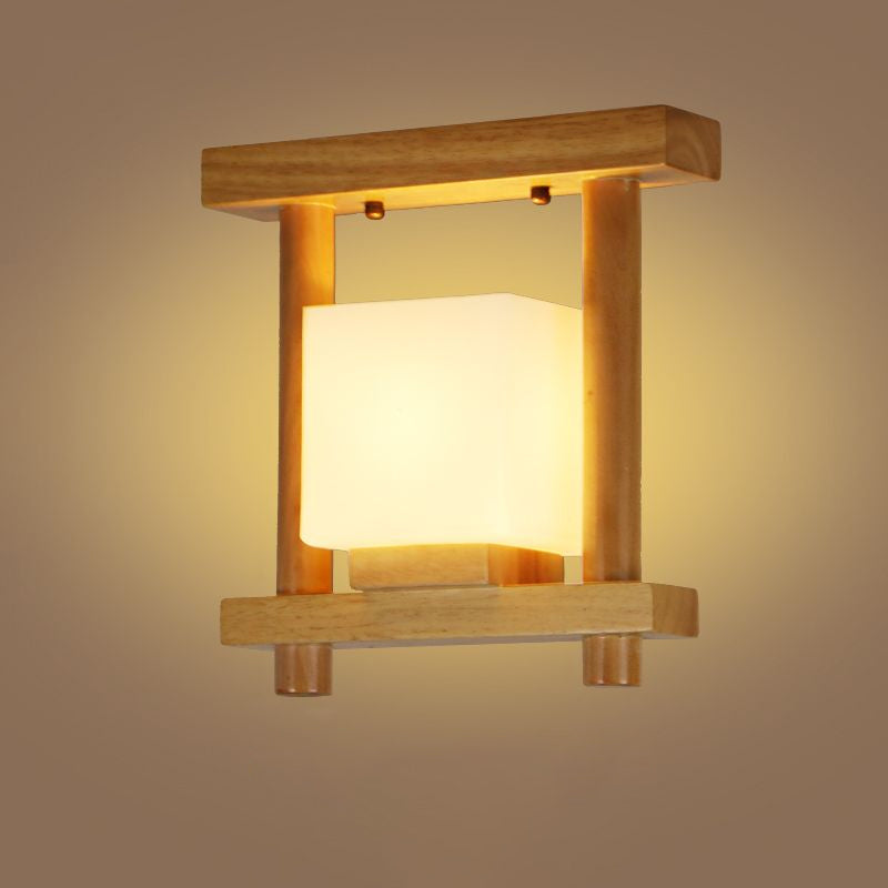 Square Frosted Glass Ceiling Flush Light Contemporary 1 Light Semi Flushmount Lamp in Wood for Staircase Clearhalo 'Ceiling Lights' 'Close To Ceiling Lights' 'Close to ceiling' 'Flush mount' Lighting' 1434033