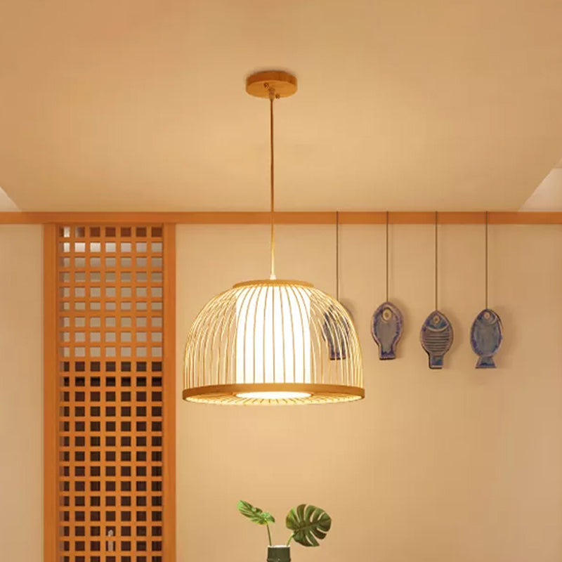 Dome Hanging Light Modernism Bamboo 1 Bulb 14"/16" Wide Wood Ceiling Pendant Lamp with Inner Fabric Shade Clearhalo 'Ceiling Lights' 'Pendant Lights' 'Pendants' Lighting' 1434040