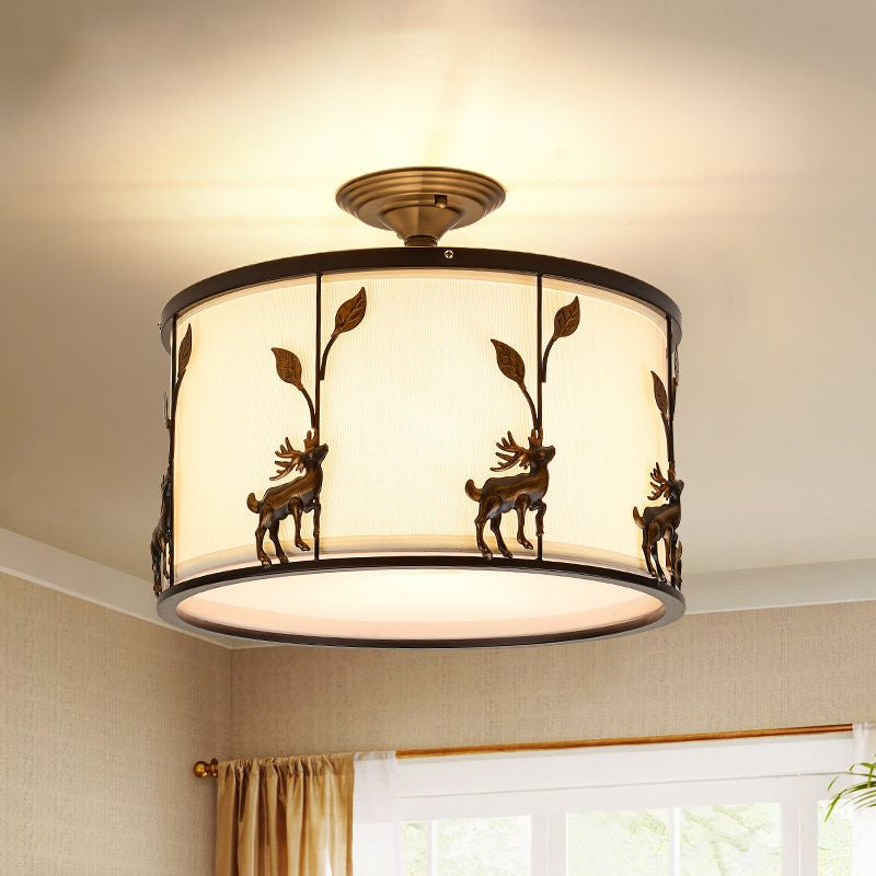 3-Light Fabric Semi Flush Light Country Black Drum Living Room Ceiling Lighting with Deer Accents Clearhalo 'Ceiling Lights' 'Close To Ceiling Lights' 'Close to ceiling' 'Semi-flushmount' Lighting' 1434063