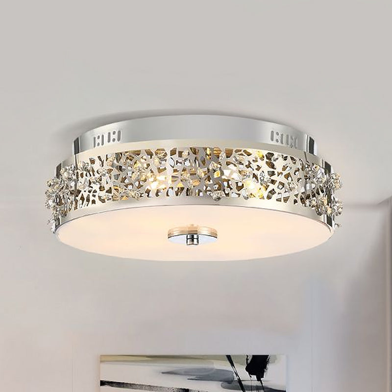 Metallic Drum Flush Lamp with Crystal Accents 4 Lights Contemporary Ceiling Flush Mount in Chrome Clearhalo 'Ceiling Lights' 'Close To Ceiling Lights' 'Close to ceiling' 'Flush mount' Lighting' 1434249