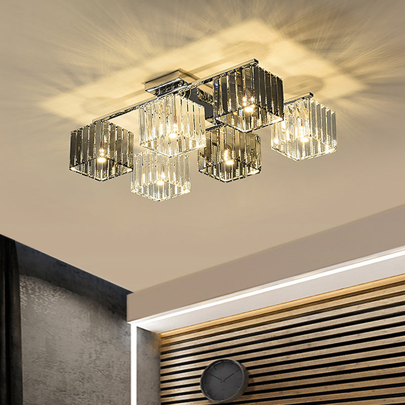 Crystal Cube Flush Ceiling Lamp Modern 4/6/9 Lights Modern Indoor Flush Light in Polished Chrome Clearhalo 'Ceiling Lights' 'Close To Ceiling Lights' 'Close to ceiling' 'Semi-flushmount' Lighting' 1434261