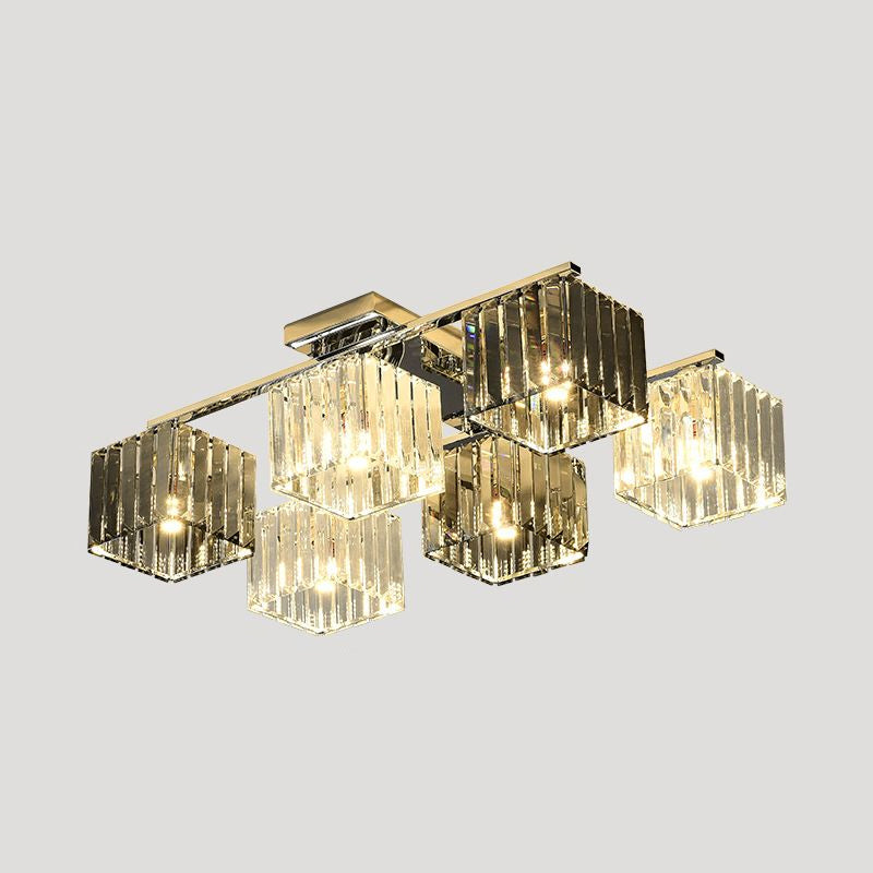 Crystal Cube Flush Ceiling Lamp Modern 4/6/9 Lights Modern Indoor Flush Light in Polished Chrome Clearhalo 'Ceiling Lights' 'Close To Ceiling Lights' 'Close to ceiling' 'Semi-flushmount' Lighting' 1434262