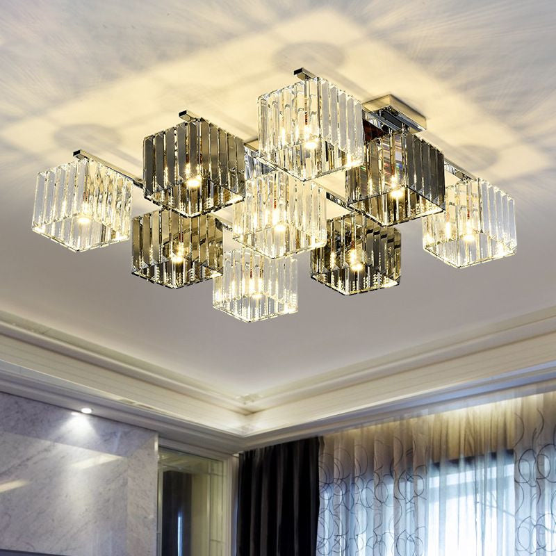 Crystal Cube Flush Ceiling Lamp Modern 4/6/9 Lights Modern Indoor Flush Light in Polished Chrome Clearhalo 'Ceiling Lights' 'Close To Ceiling Lights' 'Close to ceiling' 'Semi-flushmount' Lighting' 1434263