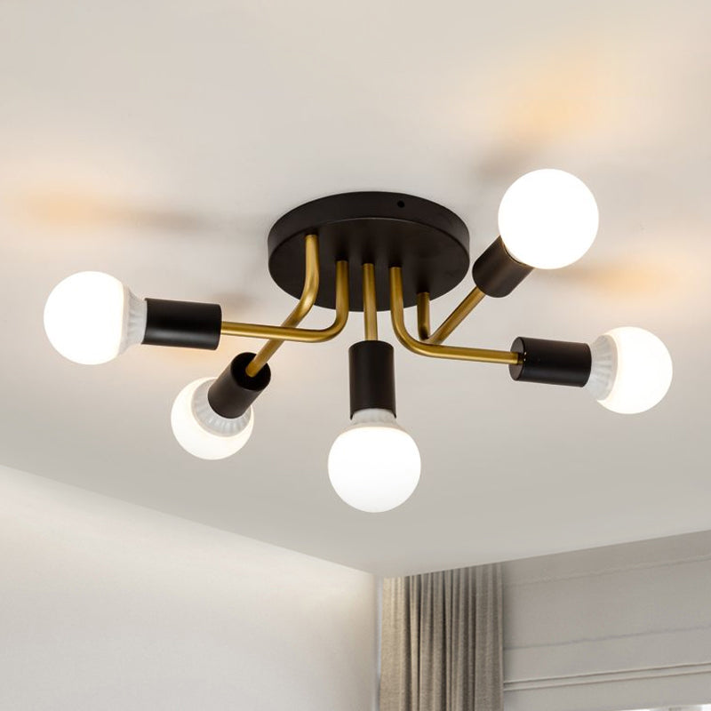 Modern Curved Arms Semi Flush Ceiling Mount Fixture Metal 5 Lights Dining Room Ceiling Mounted Light in Black/Gold Clearhalo 'Ceiling Lights' 'Close To Ceiling Lights' 'Close to ceiling' 'Semi-flushmount' Lighting' 1434295