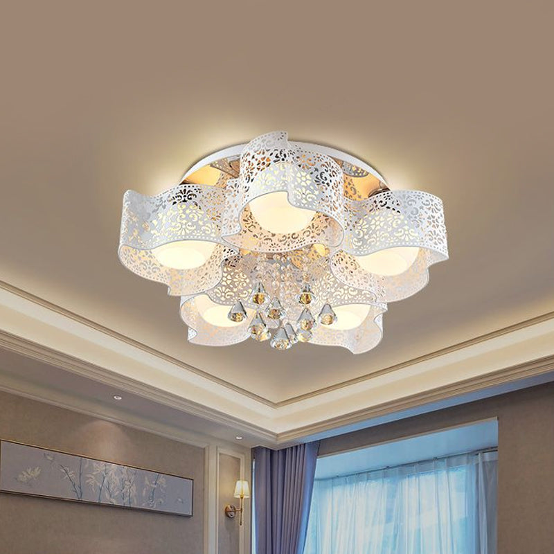 Modernist Etched Flower Ceiling Lamp Crystal 3/5 Lights Ceiling Lamp with Opal Glass Ball Shade in Pink/White Clearhalo 'Ceiling Lights' 'Close To Ceiling Lights' 'Close to ceiling' 'Flush mount' Lighting' 1434338