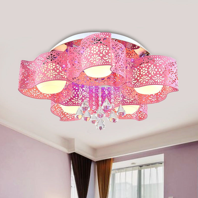 Modernist Etched Flower Ceiling Lamp Crystal 3/5 Lights Ceiling Lamp with Opal Glass Ball Shade in Pink/White Clearhalo 'Ceiling Lights' 'Close To Ceiling Lights' 'Close to ceiling' 'Flush mount' Lighting' 1434339