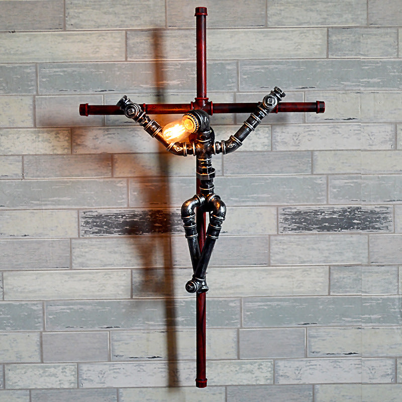 Steampunk Cross Shaped Wall Sconce with Robot Design 1 Light Metallic Wall Lamp in Aged Silver for Indoor Aged Silver Clearhalo 'Art deco wall lights' 'Cast Iron' 'Glass' 'Industrial wall lights' 'Industrial' 'Middle century wall lights' 'Modern' 'Rustic wall lights' 'Tiffany' 'Traditional wall lights' 'Wall Lamps & Sconces' 'Wall Lights' Lighting' 143434