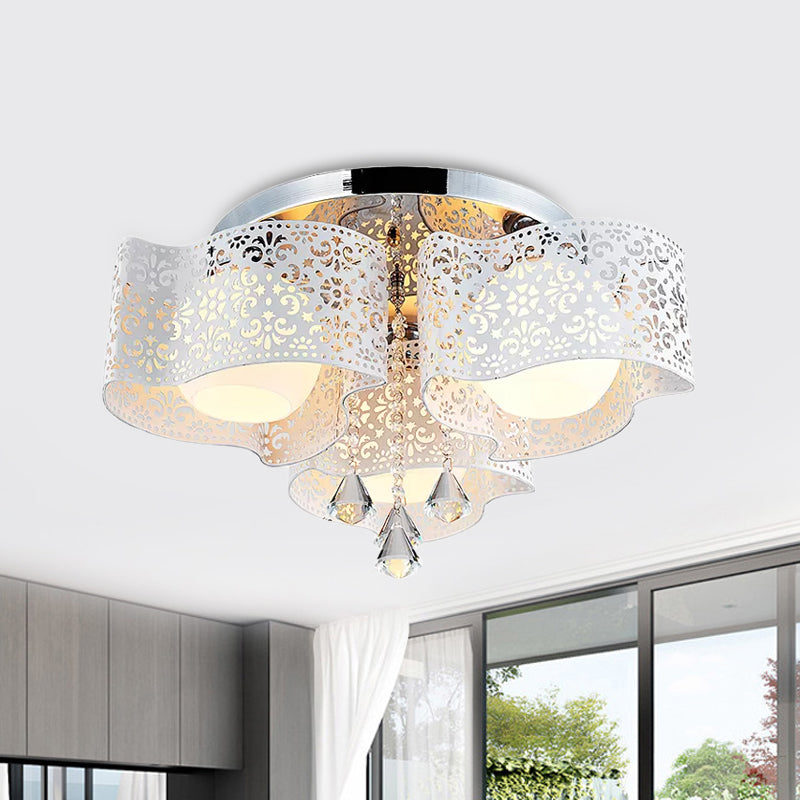 Modernist Etched Flower Ceiling Lamp Crystal 3/5 Lights Ceiling Lamp with Opal Glass Ball Shade in Pink/White Clearhalo 'Ceiling Lights' 'Close To Ceiling Lights' 'Close to ceiling' 'Flush mount' Lighting' 1434340