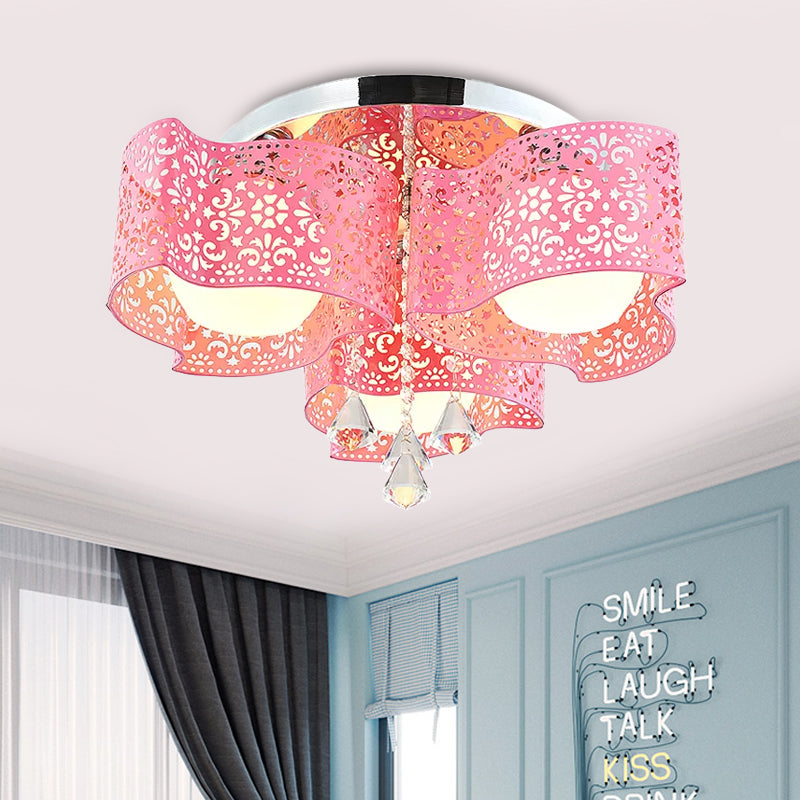 Modernist Etched Flower Ceiling Lamp Crystal 3/5 Lights Ceiling Lamp with Opal Glass Ball Shade in Pink/White Clearhalo 'Ceiling Lights' 'Close To Ceiling Lights' 'Close to ceiling' 'Flush mount' Lighting' 1434341