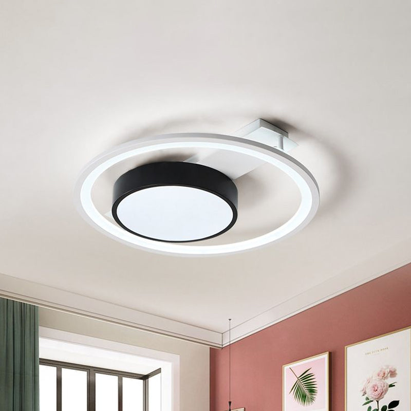 Simple Drum Flush Lamp with Halo Ring Black and White Metal Led Flush Ceiling Light in Warm/White, 16"/19.5" Wide Clearhalo 'Ceiling Lights' 'Close To Ceiling Lights' 'Close to ceiling' 'Flush mount' Lighting' 1434384