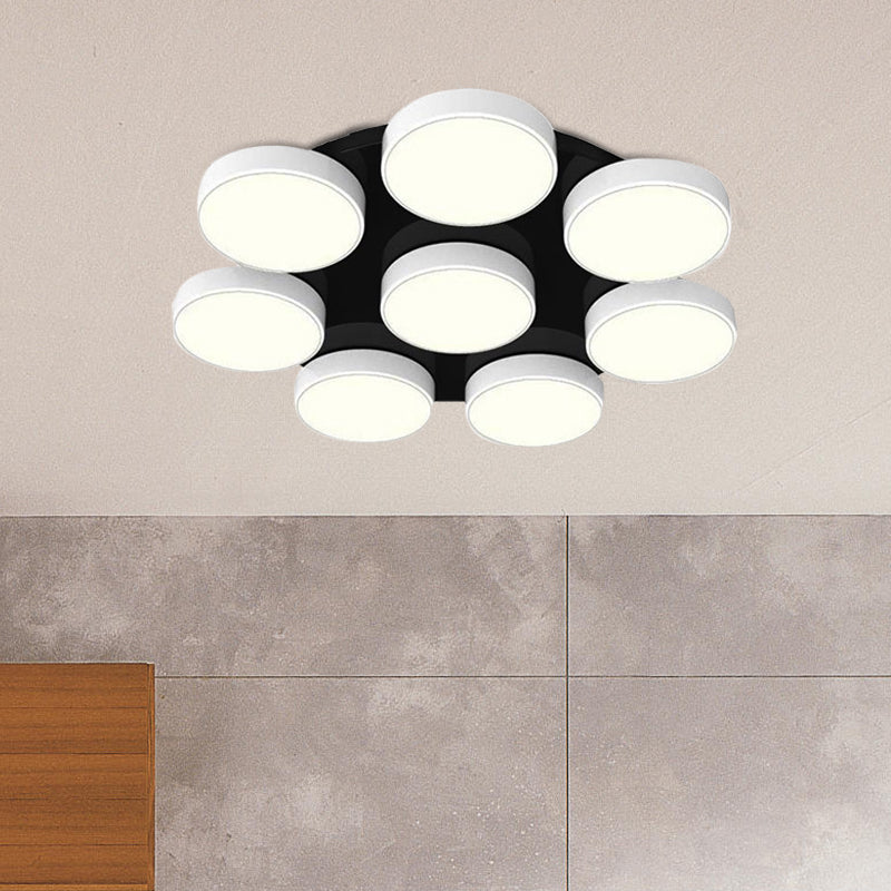 3/5/8/12 Heads Drum Flush Mount Light Modern Acrylic and Metal Ceiling Lamp in Black/White for Study Room Clearhalo 'Ceiling Lights' 'Close To Ceiling Lights' 'Close to ceiling' 'Semi-flushmount' Lighting' 1434398