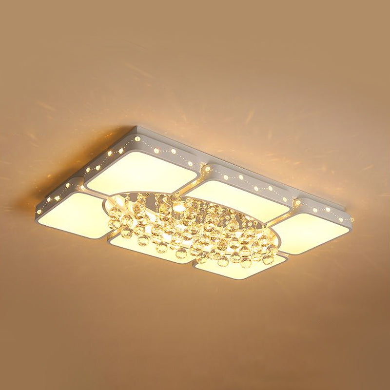 Square/Rectangle Flushmount Lamp Modernism Metal Led White Ceiling Light Fixture with Crystal Ball, 19.5"/23.5"/35.5" W Clearhalo 'Ceiling Lights' 'Close To Ceiling Lights' 'Close to ceiling' 'Flush mount' Lighting' 1434434