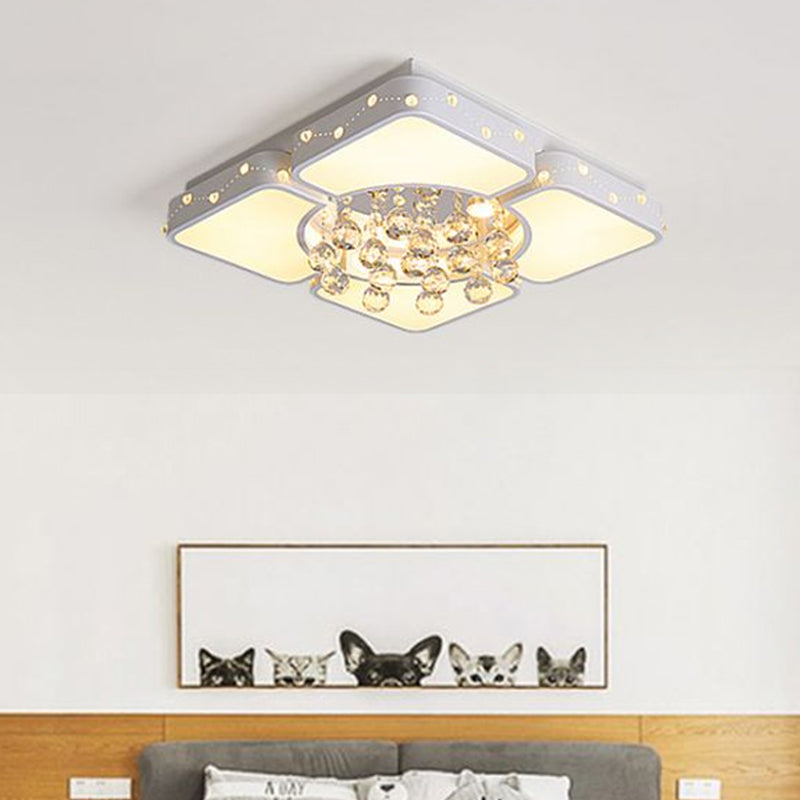 Square/Rectangle Flushmount Lamp Modernism Metal Led White Ceiling Light Fixture with Crystal Ball, 19.5"/23.5"/35.5" W Clearhalo 'Ceiling Lights' 'Close To Ceiling Lights' 'Close to ceiling' 'Flush mount' Lighting' 1434435