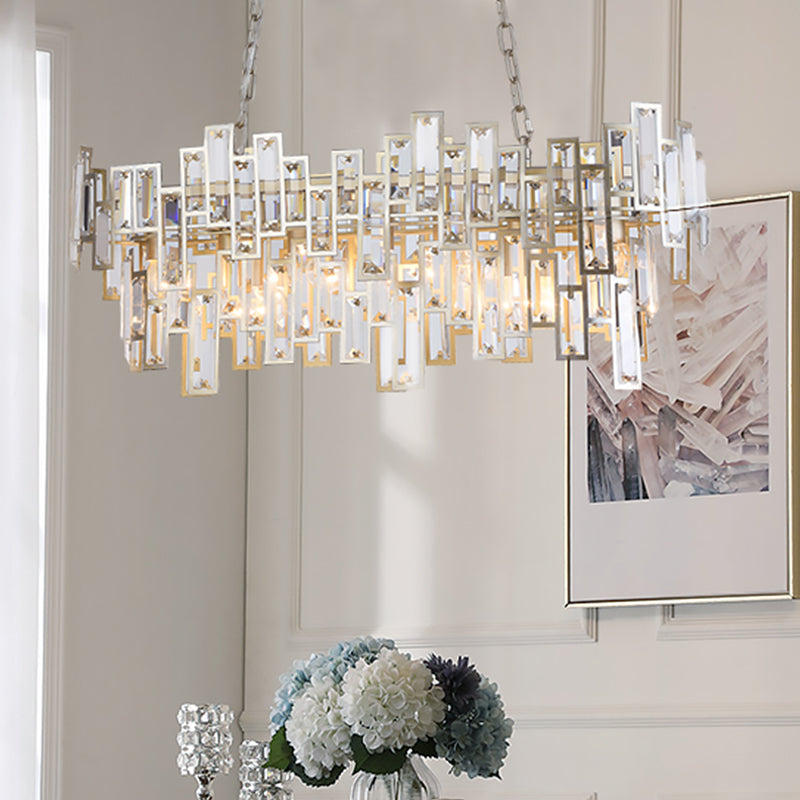 7 Bulbs Oval Frame Pendant Lamp Modern Black/Gold Clear Rectangular-Cut Crystals Encrusted Island Lighting Gold Clearhalo 'Ceiling Lights' 'Island Lights' Lighting' 1434493