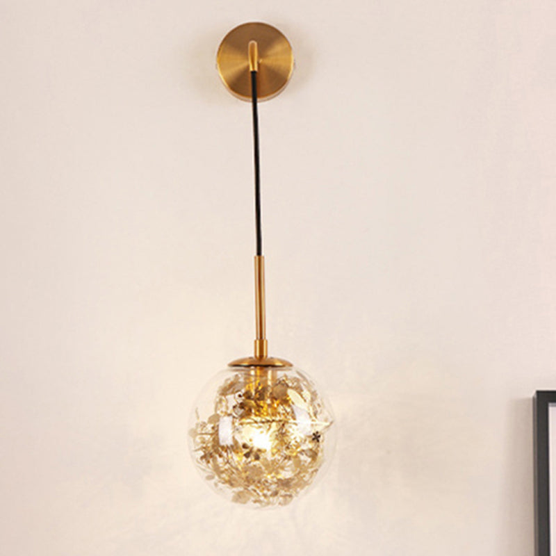 Clear Glass Orb Shade Wall Light with Flower Deco Cloth Shop 1 Light Modern Hanging Wall Lamp in Silver/Gold Clearhalo 'Cast Iron' 'Glass' 'Industrial' 'Modern wall lights' 'Modern' 'Tiffany' 'Traditional wall lights' 'Wall Lamps & Sconces' 'Wall Lights' Lighting' 1434498