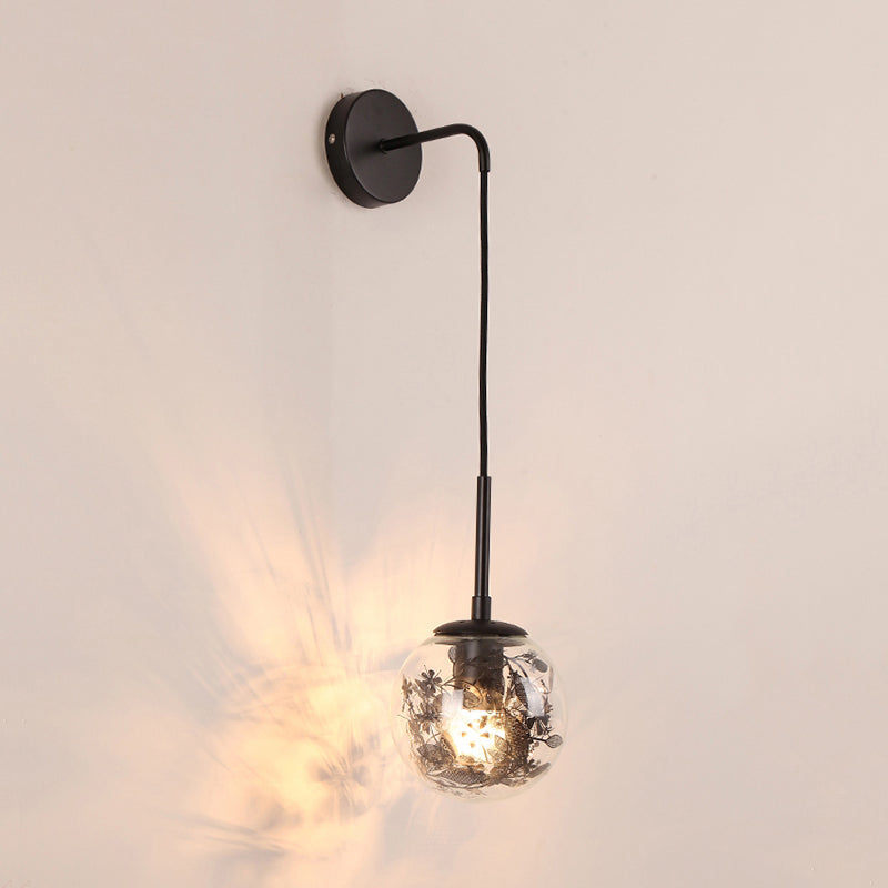 Clear Glass Orb Shade Wall Light with Flower Deco Cloth Shop 1 Light Modern Hanging Wall Lamp in Silver/Gold Clearhalo 'Cast Iron' 'Glass' 'Industrial' 'Modern wall lights' 'Modern' 'Tiffany' 'Traditional wall lights' 'Wall Lamps & Sconces' 'Wall Lights' Lighting' 1434499