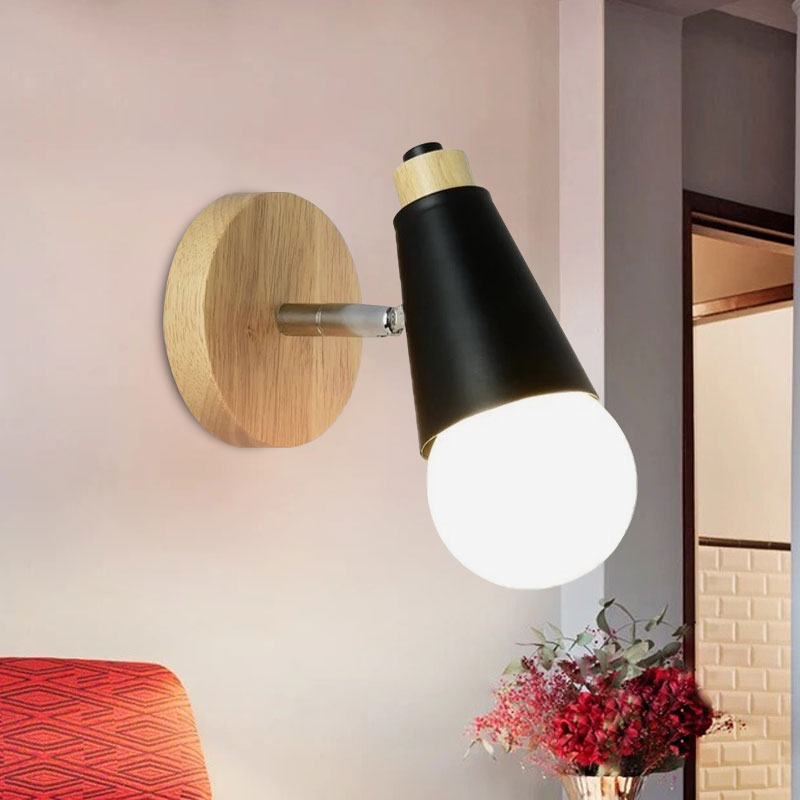 Nordic Sweet Cone Wall Light Rotatable 1 Light Wall Sconce with Metal/Wood Backplate for Child Bedroom Black Wood Clearhalo 'Cast Iron' 'Glass' 'Industrial' 'Modern wall lights' 'Modern' 'Tiffany' 'Traditional wall lights' 'Wall Lamps & Sconces' 'Wall Lights' Lighting' 1434501