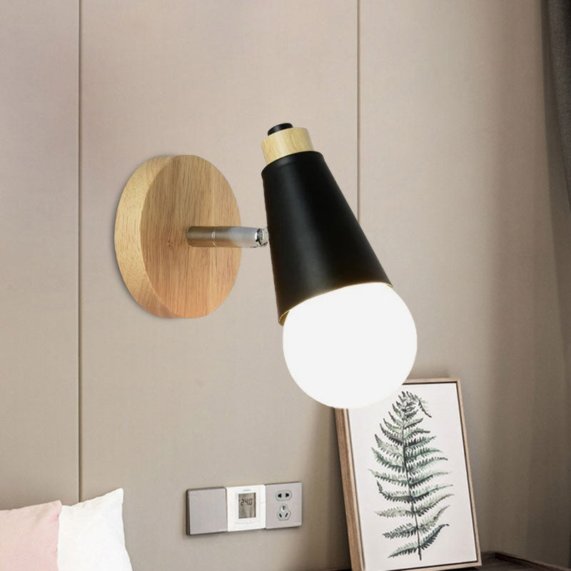 Nordic Sweet Cone Wall Light Rotatable 1 Light Wall Sconce with Metal/Wood Backplate for Child Bedroom Clearhalo 'Cast Iron' 'Glass' 'Industrial' 'Modern wall lights' 'Modern' 'Tiffany' 'Traditional wall lights' 'Wall Lamps & Sconces' 'Wall Lights' Lighting' 1434502