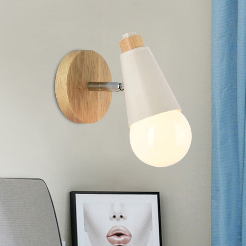 Nordic Sweet Cone Wall Light Rotatable 1 Light Wall Sconce with Metal/Wood Backplate for Child Bedroom White Wood Clearhalo 'Cast Iron' 'Glass' 'Industrial' 'Modern wall lights' 'Modern' 'Tiffany' 'Traditional wall lights' 'Wall Lamps & Sconces' 'Wall Lights' Lighting' 1434506