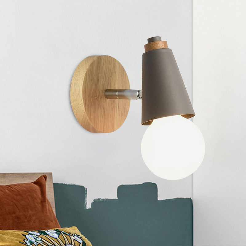 Nordic Sweet Cone Wall Light Rotatable 1 Light Wall Sconce with Metal/Wood Backplate for Child Bedroom Grey Wood Clearhalo 'Cast Iron' 'Glass' 'Industrial' 'Modern wall lights' 'Modern' 'Tiffany' 'Traditional wall lights' 'Wall Lamps & Sconces' 'Wall Lights' Lighting' 1434510