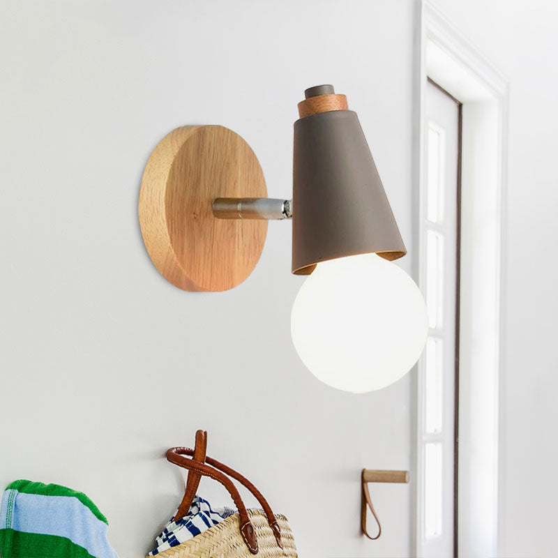 Nordic Sweet Cone Wall Light Rotatable 1 Light Wall Sconce with Metal/Wood Backplate for Child Bedroom Clearhalo 'Cast Iron' 'Glass' 'Industrial' 'Modern wall lights' 'Modern' 'Tiffany' 'Traditional wall lights' 'Wall Lamps & Sconces' 'Wall Lights' Lighting' 1434511