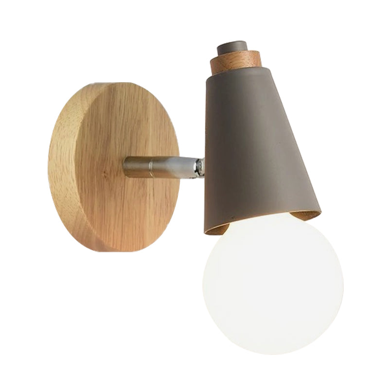 Nordic Sweet Cone Wall Light Rotatable 1 Light Wall Sconce with Metal/Wood Backplate for Child Bedroom Clearhalo 'Cast Iron' 'Glass' 'Industrial' 'Modern wall lights' 'Modern' 'Tiffany' 'Traditional wall lights' 'Wall Lamps & Sconces' 'Wall Lights' Lighting' 1434512