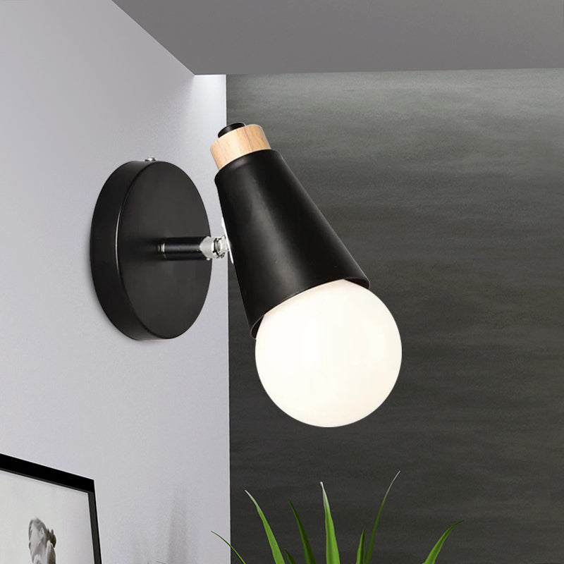 Nordic Sweet Cone Wall Light Rotatable 1 Light Wall Sconce with Metal/Wood Backplate for Child Bedroom Black Metal Clearhalo 'Cast Iron' 'Glass' 'Industrial' 'Modern wall lights' 'Modern' 'Tiffany' 'Traditional wall lights' 'Wall Lamps & Sconces' 'Wall Lights' Lighting' 1434514