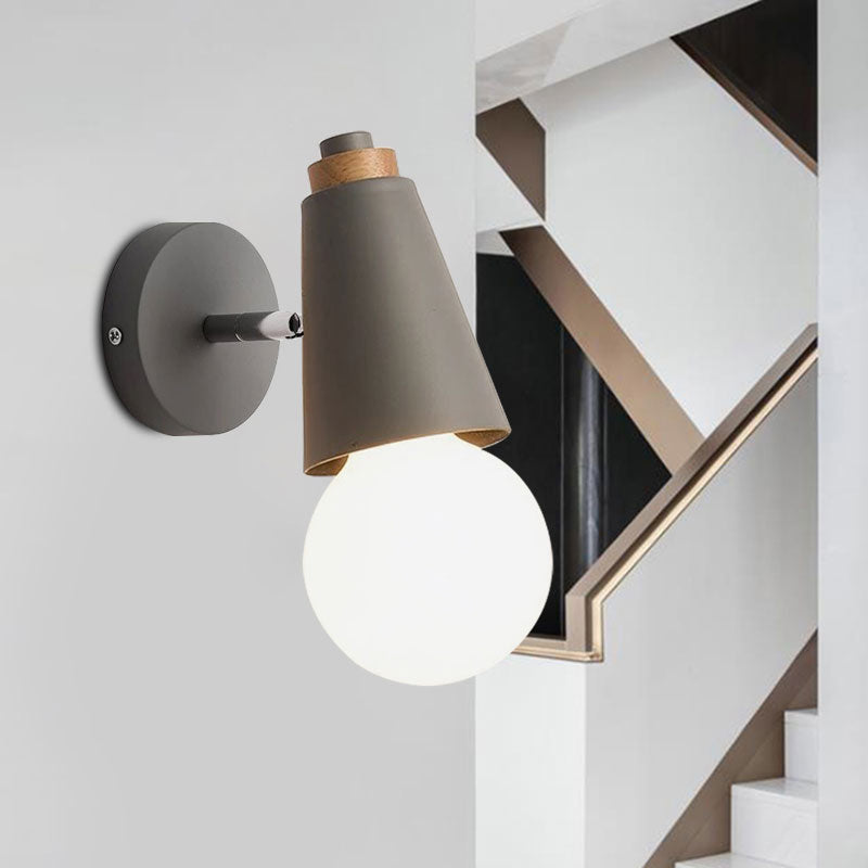 Nordic Sweet Cone Wall Light Rotatable 1 Light Wall Sconce with Metal/Wood Backplate for Child Bedroom Grey Metal Clearhalo 'Cast Iron' 'Glass' 'Industrial' 'Modern wall lights' 'Modern' 'Tiffany' 'Traditional wall lights' 'Wall Lamps & Sconces' 'Wall Lights' Lighting' 1434523