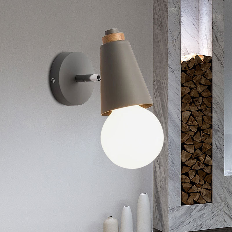 Nordic Sweet Cone Wall Light Rotatable 1 Light Wall Sconce with Metal/Wood Backplate for Child Bedroom Clearhalo 'Cast Iron' 'Glass' 'Industrial' 'Modern wall lights' 'Modern' 'Tiffany' 'Traditional wall lights' 'Wall Lamps & Sconces' 'Wall Lights' Lighting' 1434524
